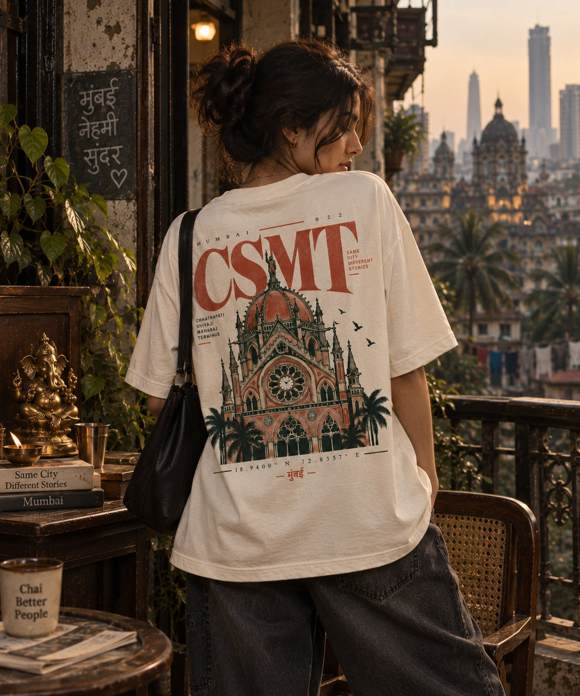 CSMT oversized t-shirt in off white, back print of the terminus, worn by a model