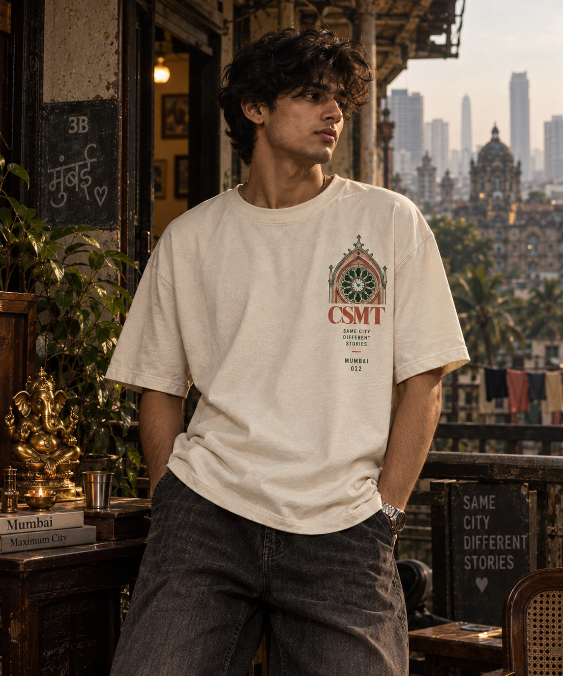 CSMT oversized t-shirt in off white, front chest print, worn by a model