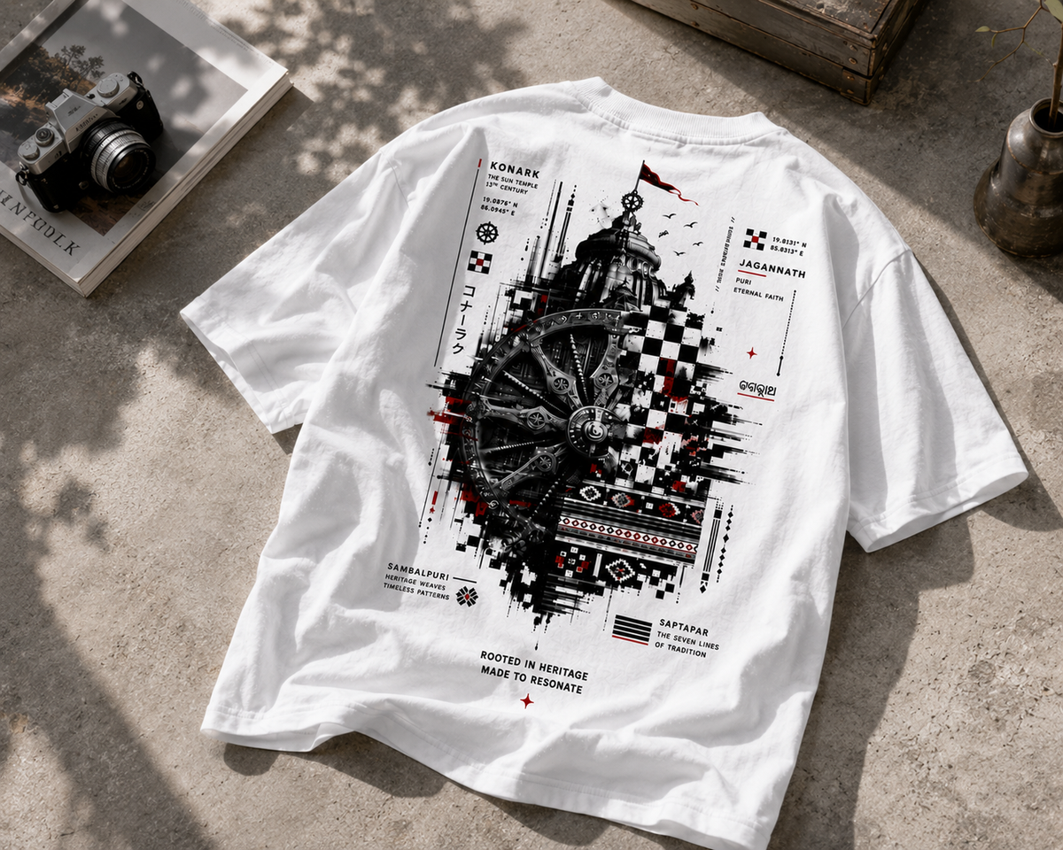Odisha Fusion oversized terry t-shirt in white, back print, flat lay