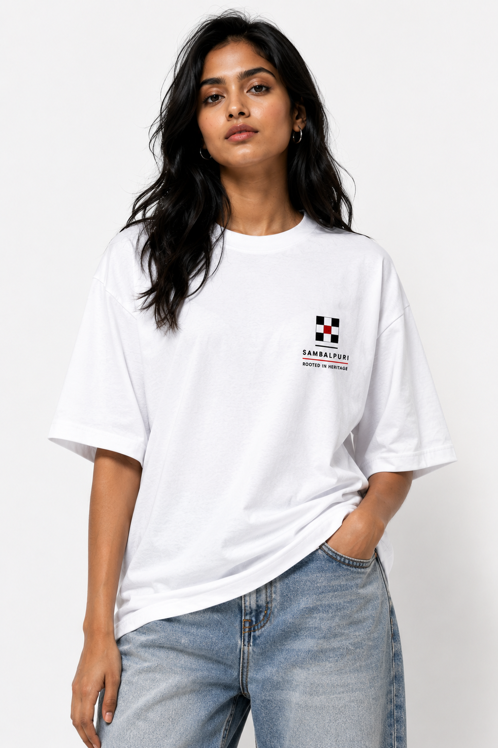 Odisha Fusion oversized terry t-shirt in white, front chest print, worn by a model