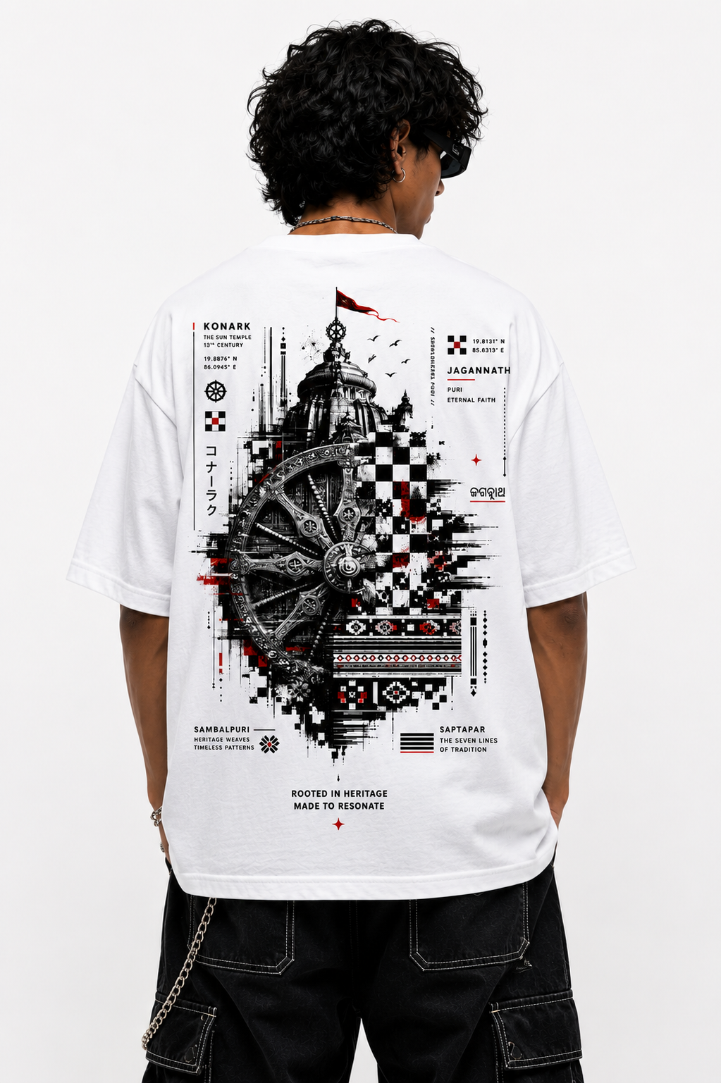 Odisha Fusion oversized terry t-shirt in white, back print, worn by a model