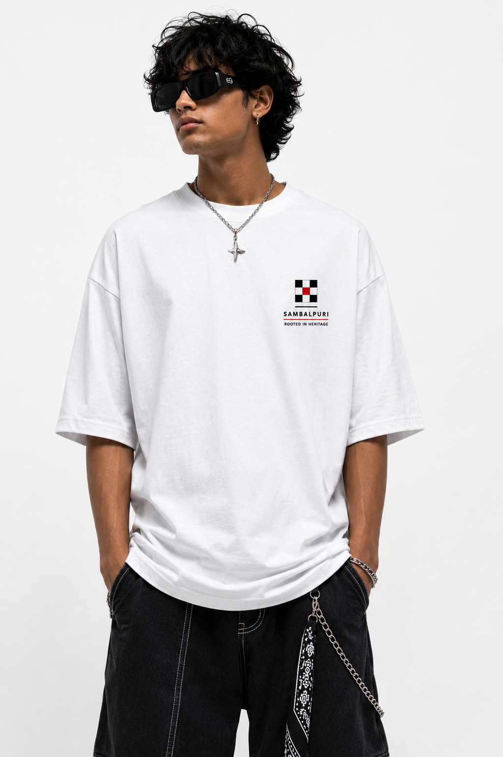 Odisha Fusion oversized terry t-shirt in white, front chest print, worn by a model