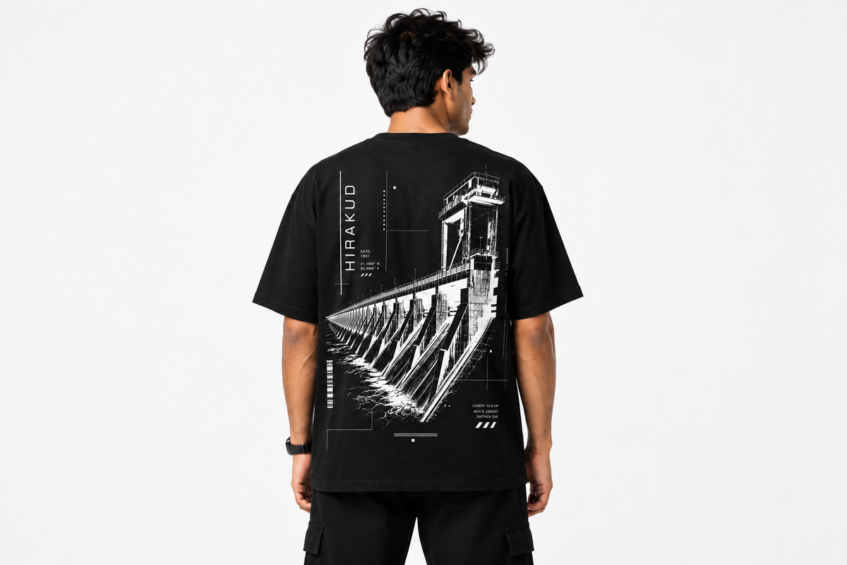 Hirakud oversized terry t-shirt in black, back print, worn by a model
