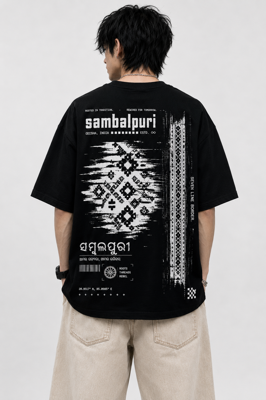 Sambalpuri V2 oversized t-shirt in black, back print, worn by a model