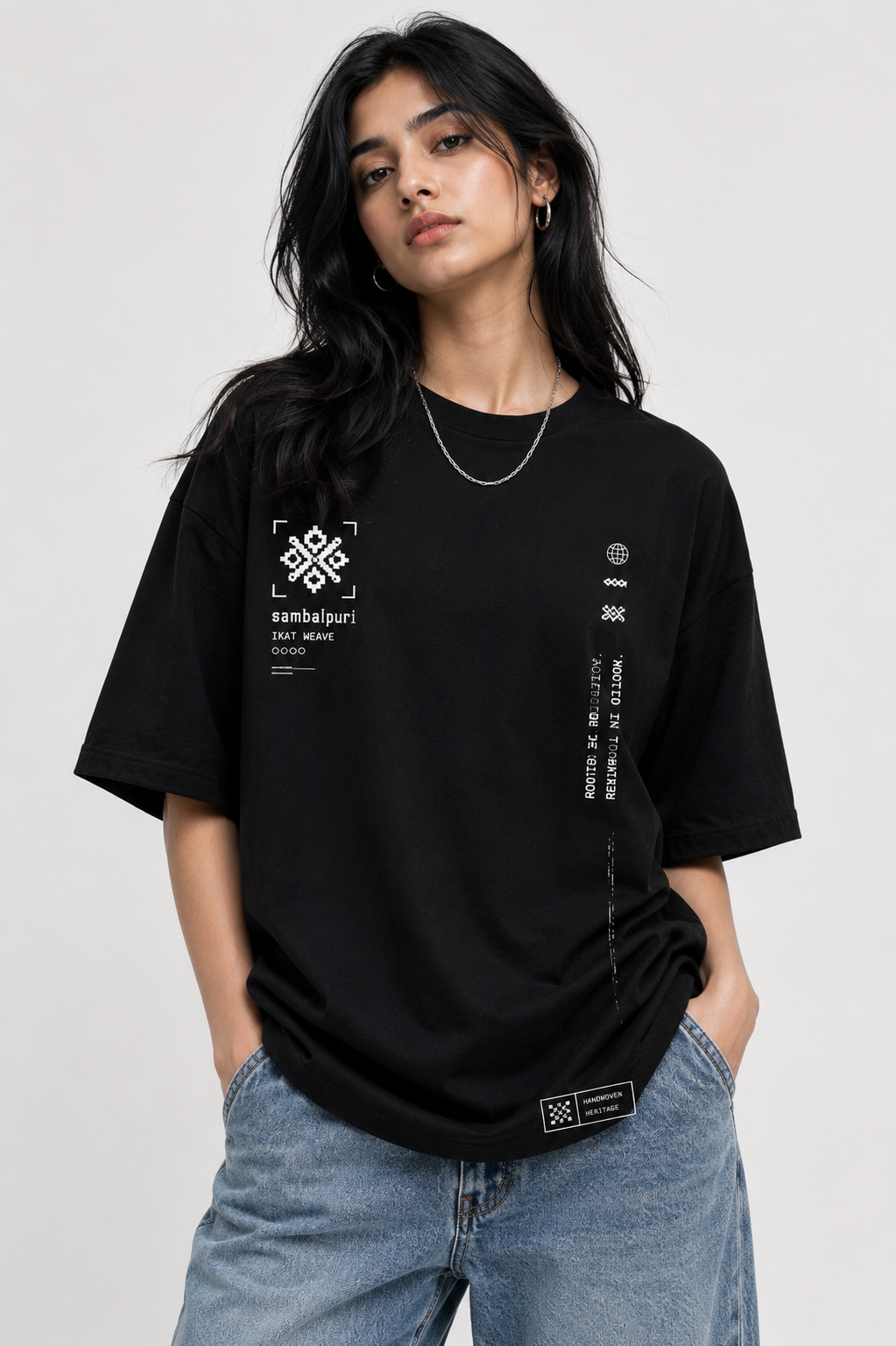 Sambalpuri V2 oversized t-shirt in black, front chest print, worn by a model