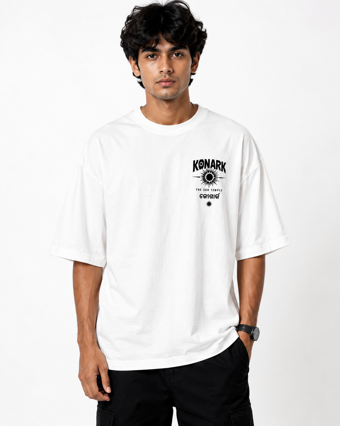 Konark oversized terry t-shirt in white, front chest print, worn by a model