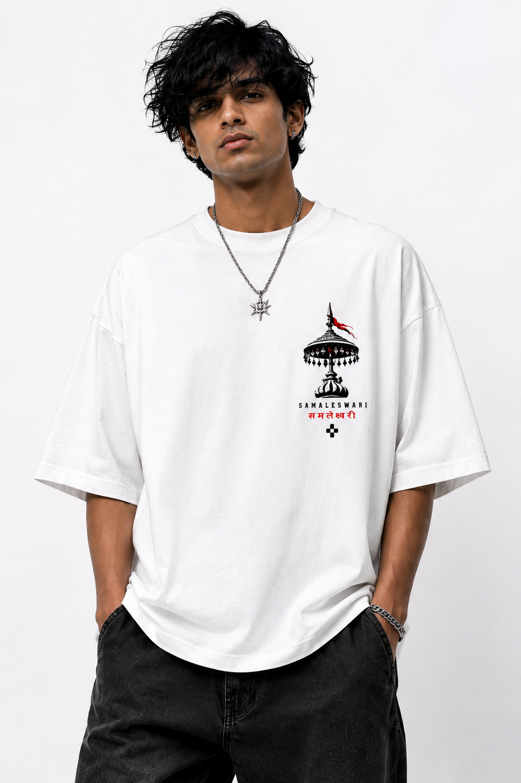 Samaleshwari oversized terry t-shirt in white, front chest print, worn by a model