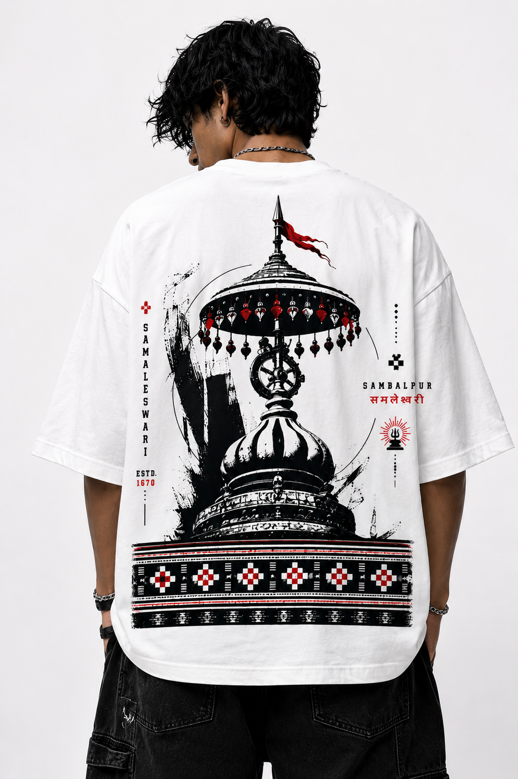 Samaleshwari oversized terry t-shirt in white, back print, worn by a model