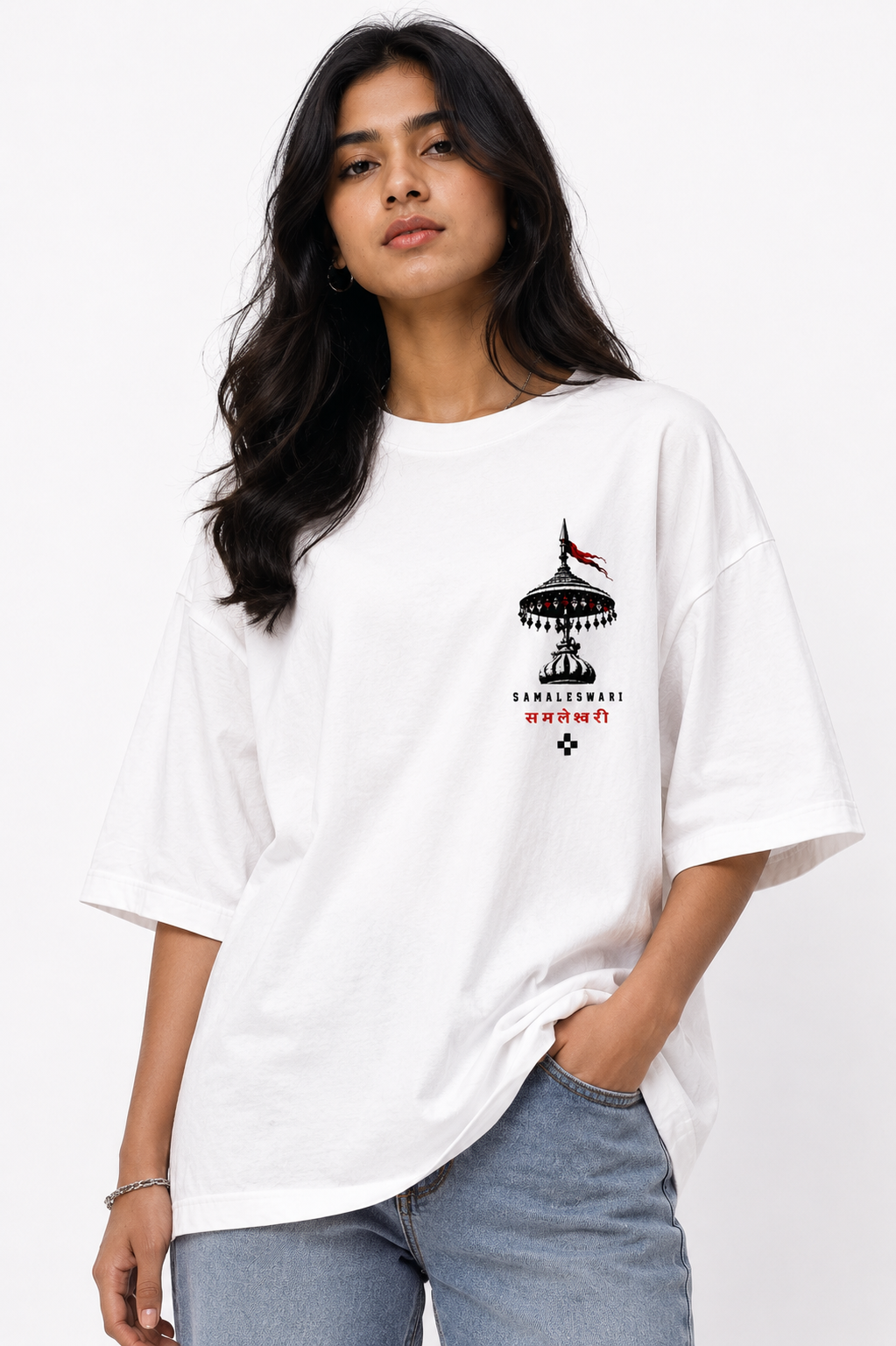 Samaleshwari oversized terry t-shirt in white, front chest print, worn by a model