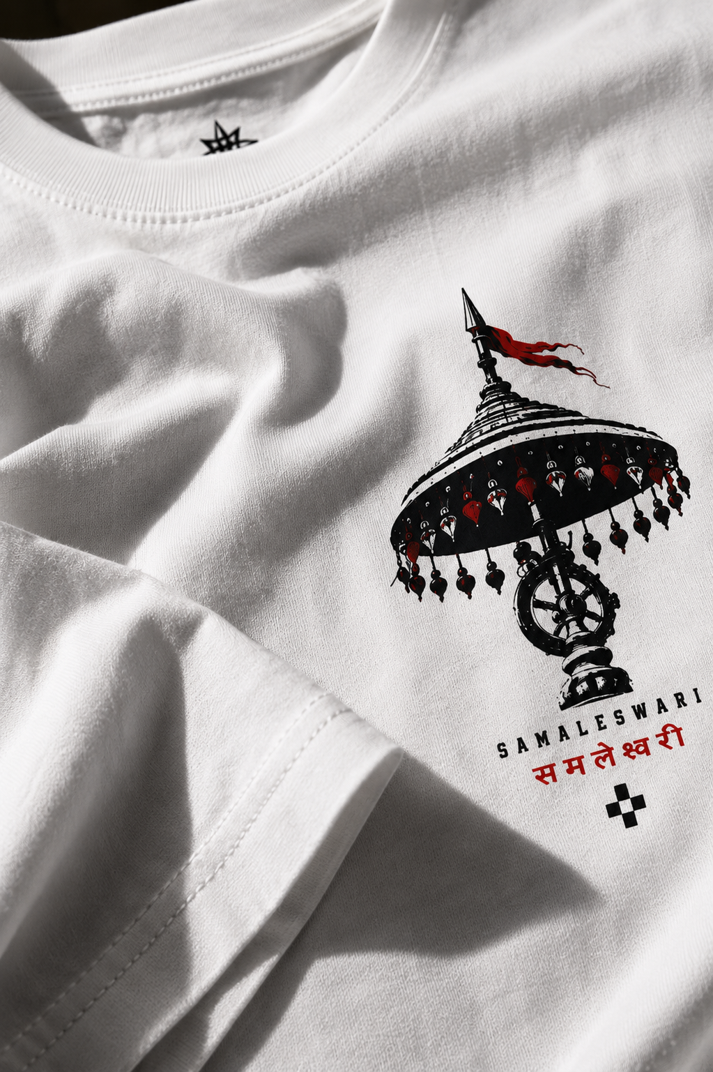 Samaleshwari oversized terry t-shirt in white, print close-up, flat lay
