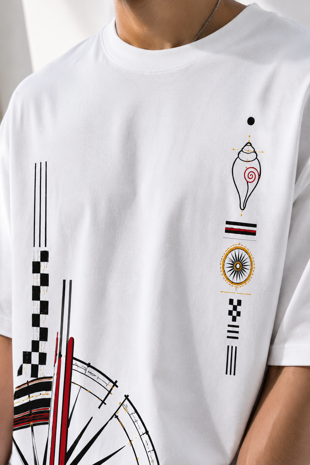 Odisha Minimal oversized t-shirt in white, print close-up, worn by a model