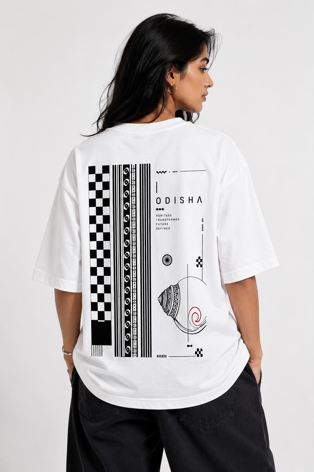 Odisha Minimal oversized t-shirt in white, back print, worn by a model