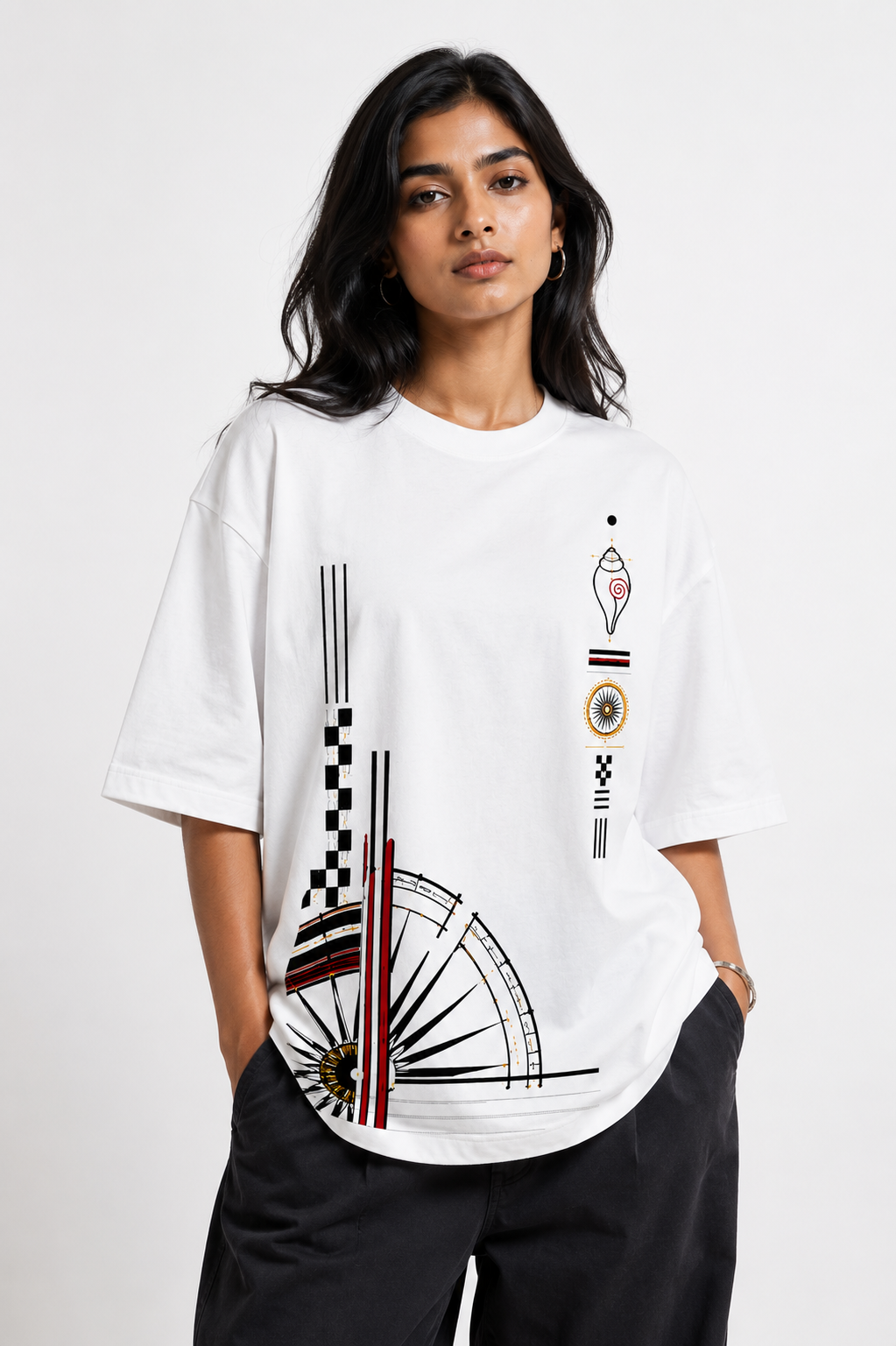 Odisha Minimal oversized t-shirt in white, front print, worn by a model