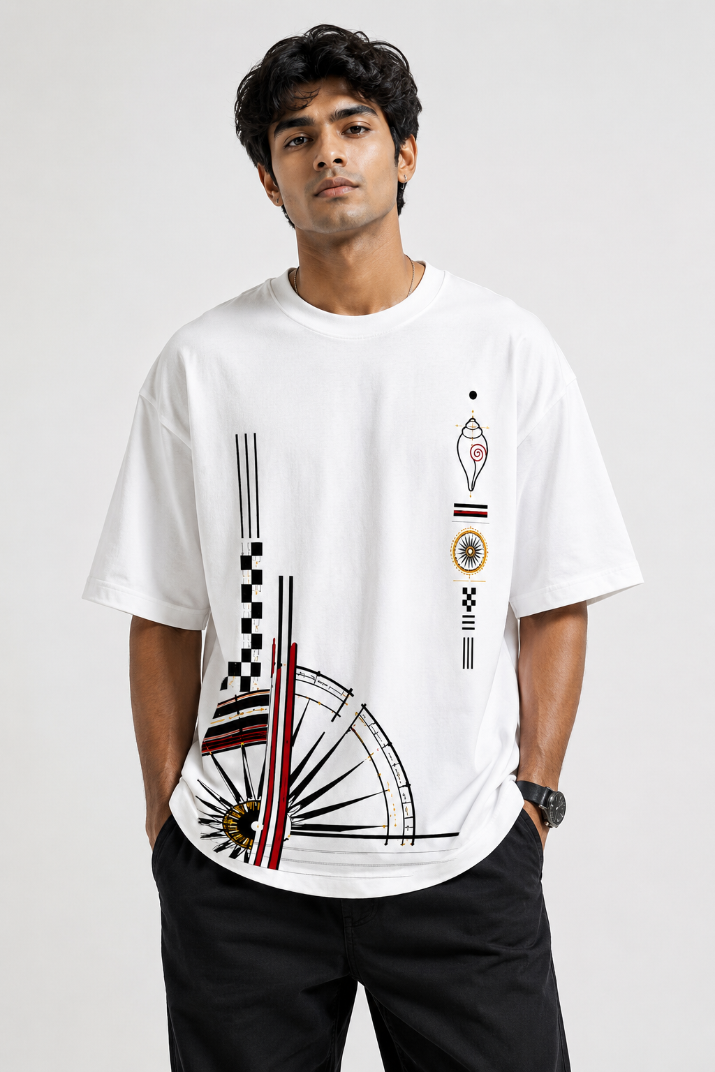 Odisha Minimal oversized t-shirt in white, front print, worn by a model