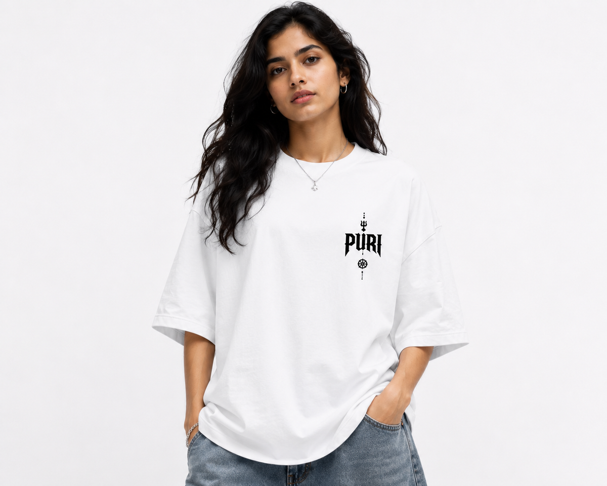 Puri oversized t-shirt in white, front chest print, worn by a model