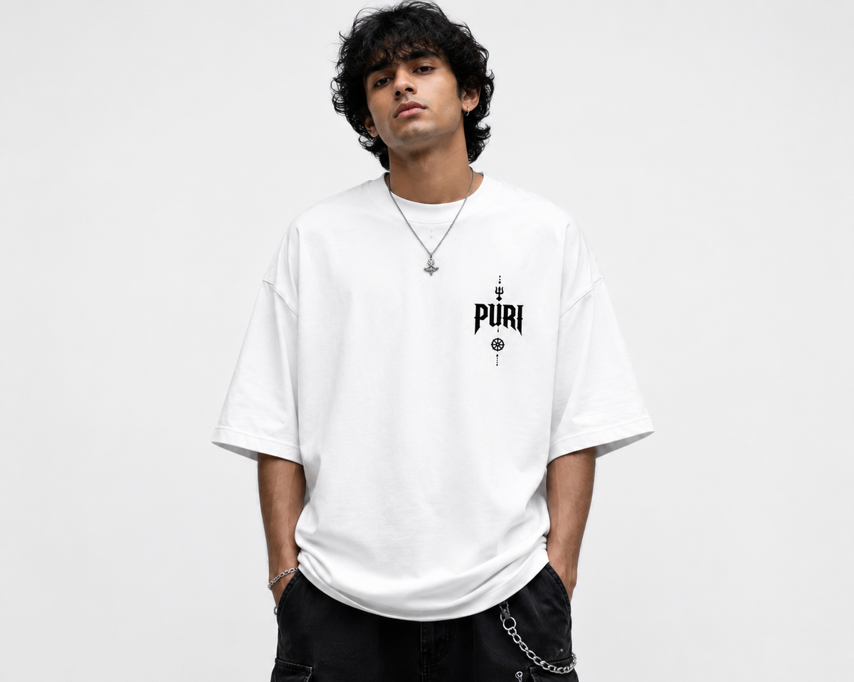 Puri oversized t-shirt in white, front chest print, worn by a model