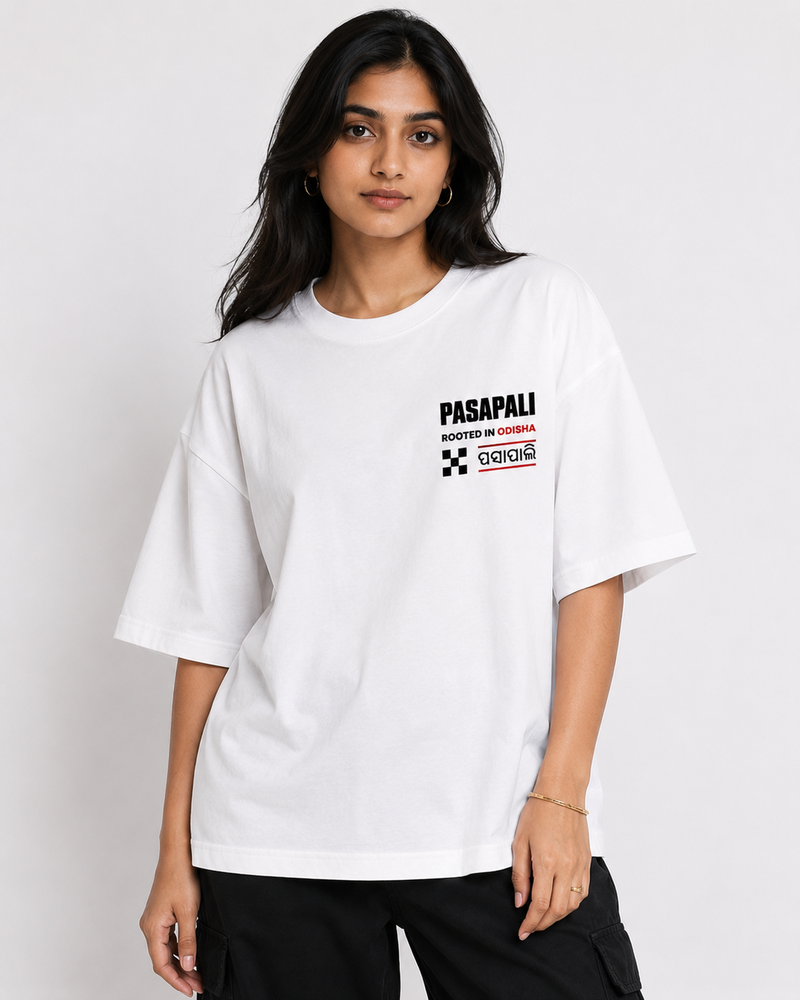 Pasapali oversized terry t-shirt in white, front chest print, worn by a model