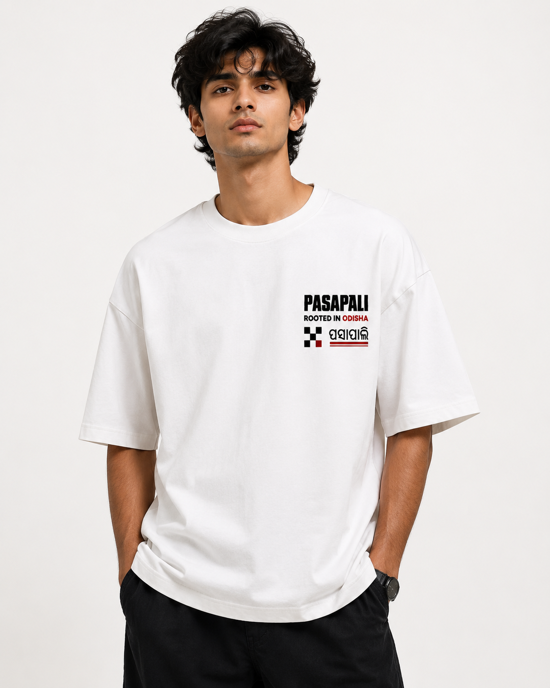 Pasapali oversized terry t-shirt in white, front chest print, worn by a model
