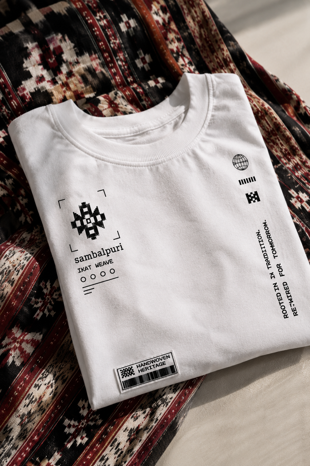 Sambalpuri oversized t-shirt laid on ikat cloth