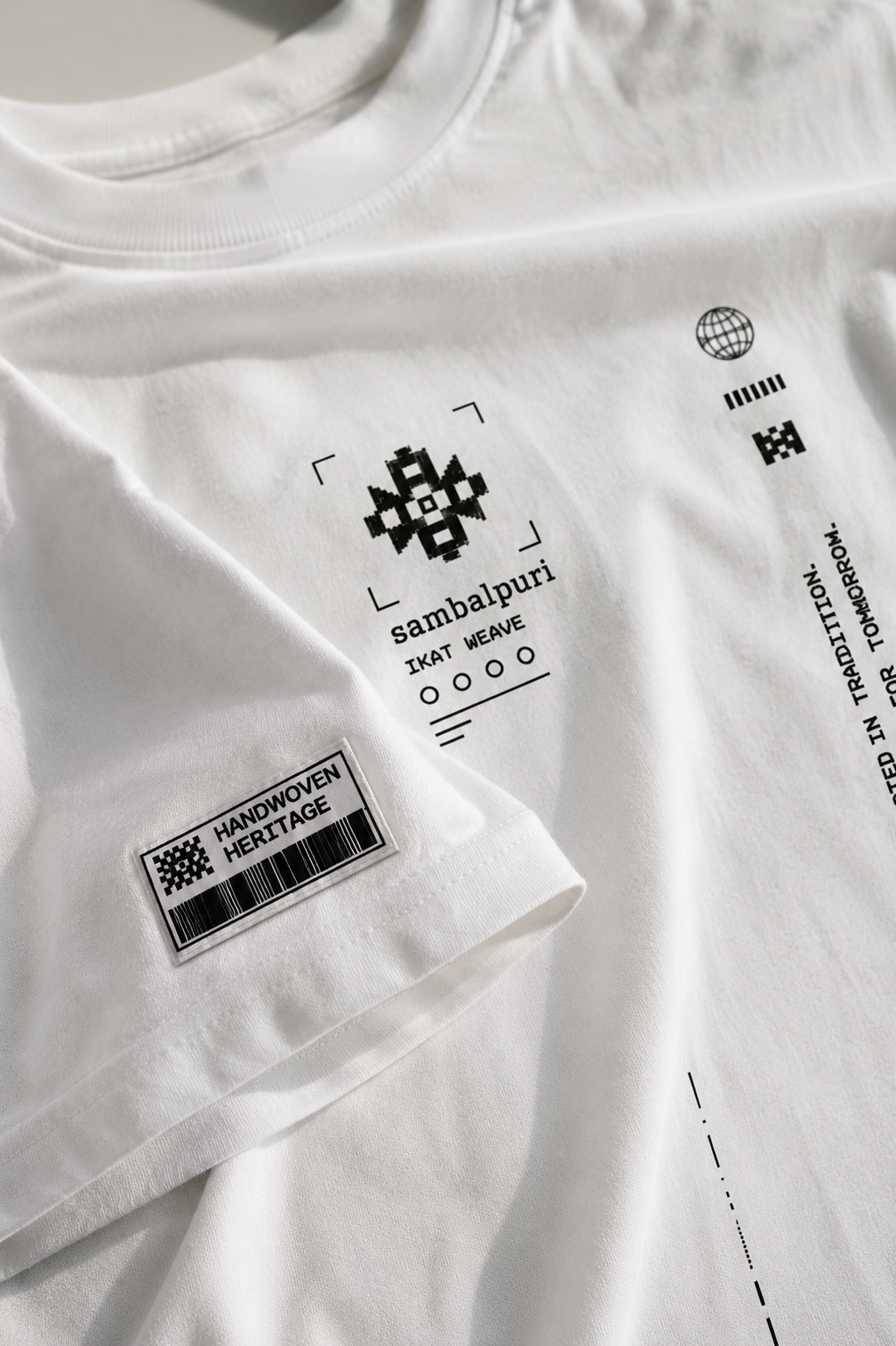 Sambalpuri oversized terry t-shirt in white, print close-up, flat lay