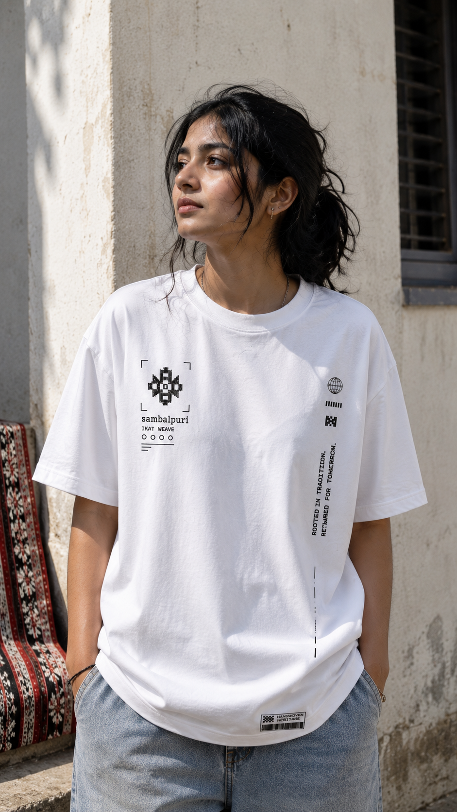 Sambalpuri oversized terry t-shirt in white, front chest print, worn by a model