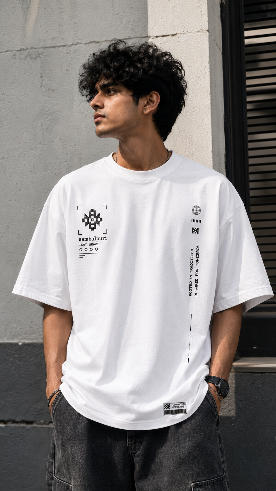 Sambalpuri oversized terry t-shirt in white, front chest print, worn by a model