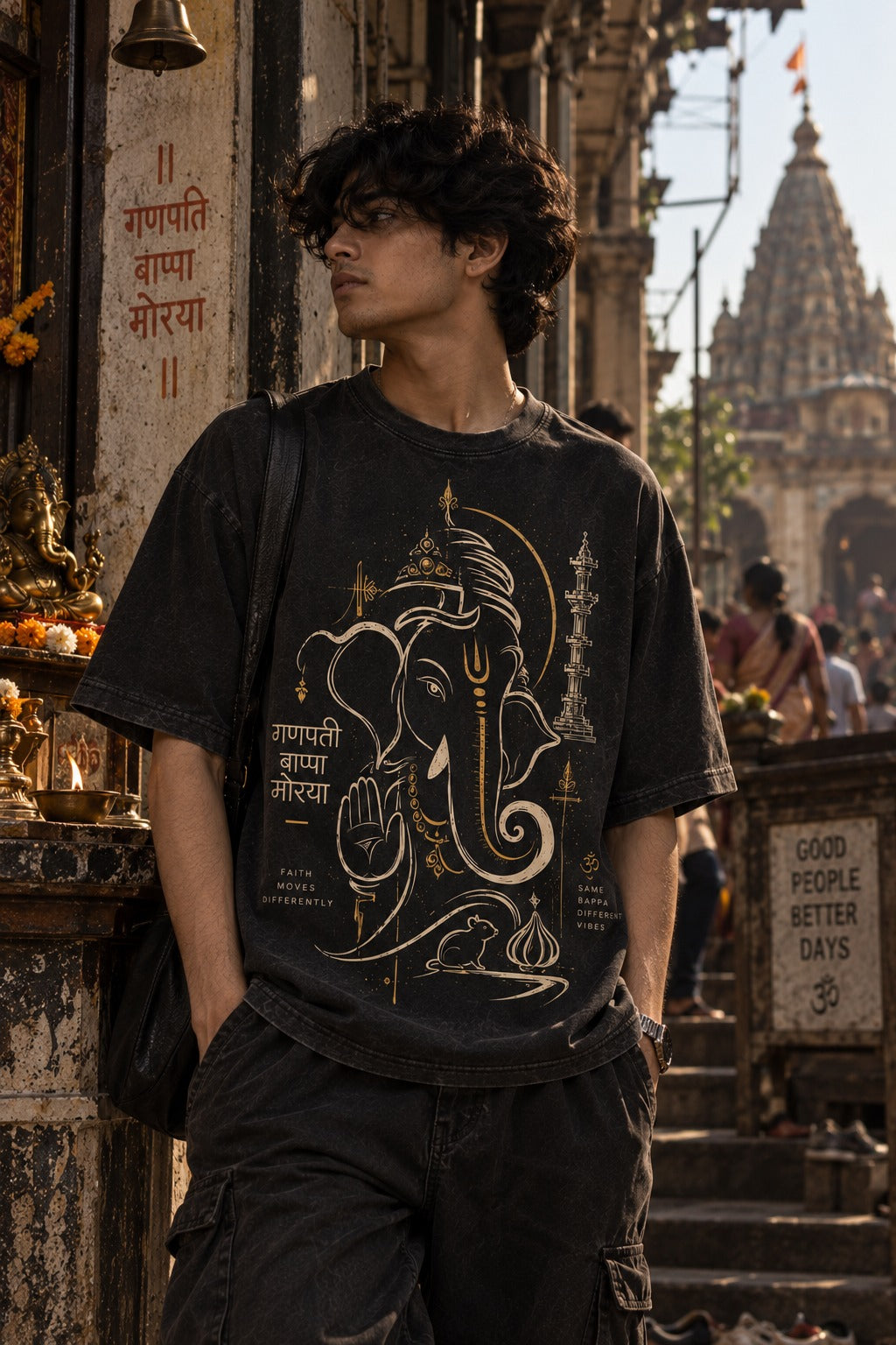 Ganpati Acid Wash oversized t-shirt in black acid wash, Ganpati front print, worn by a model