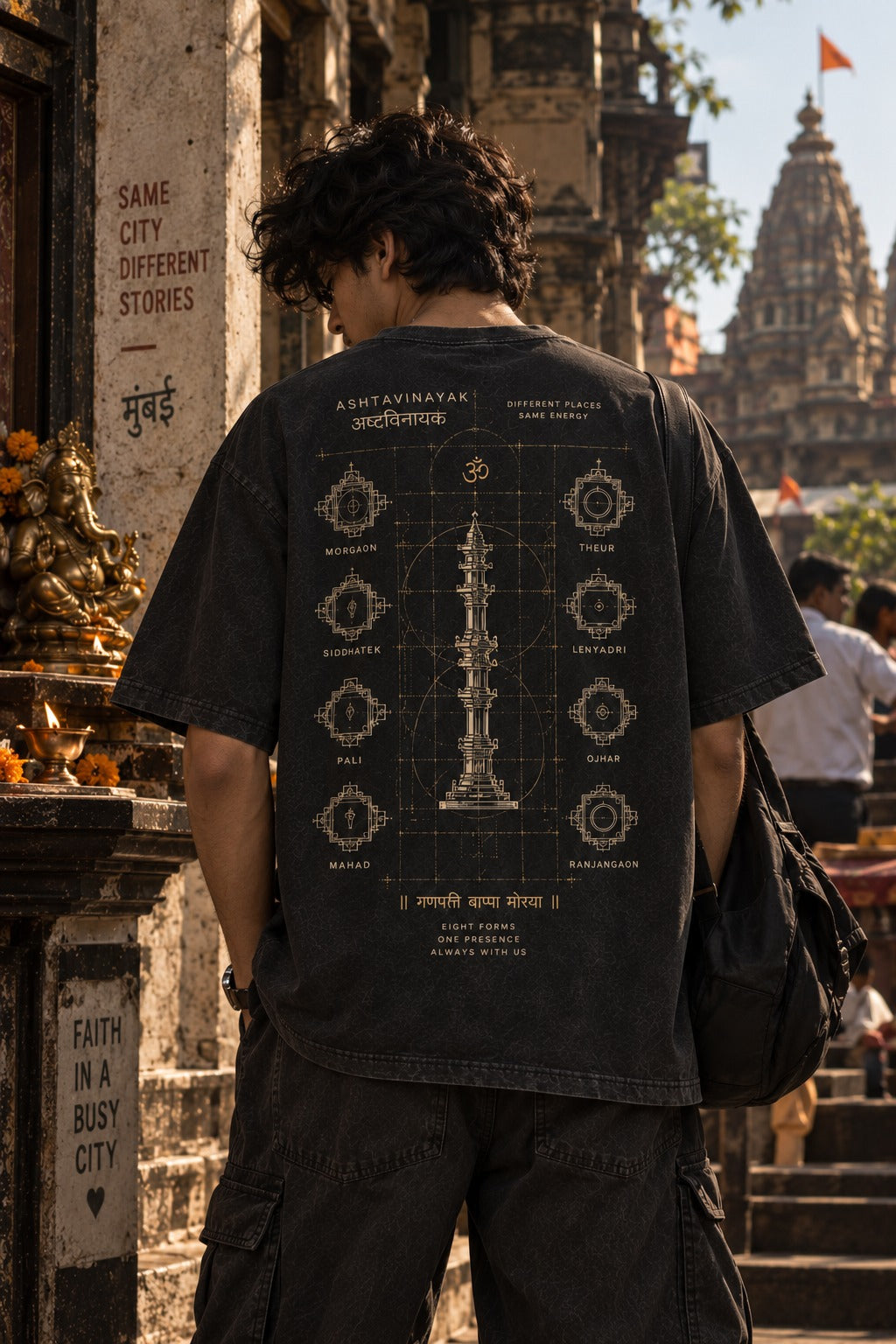 Ganpati Acid Wash oversized t-shirt in black acid wash, Ashtavinayak back print, worn by a model