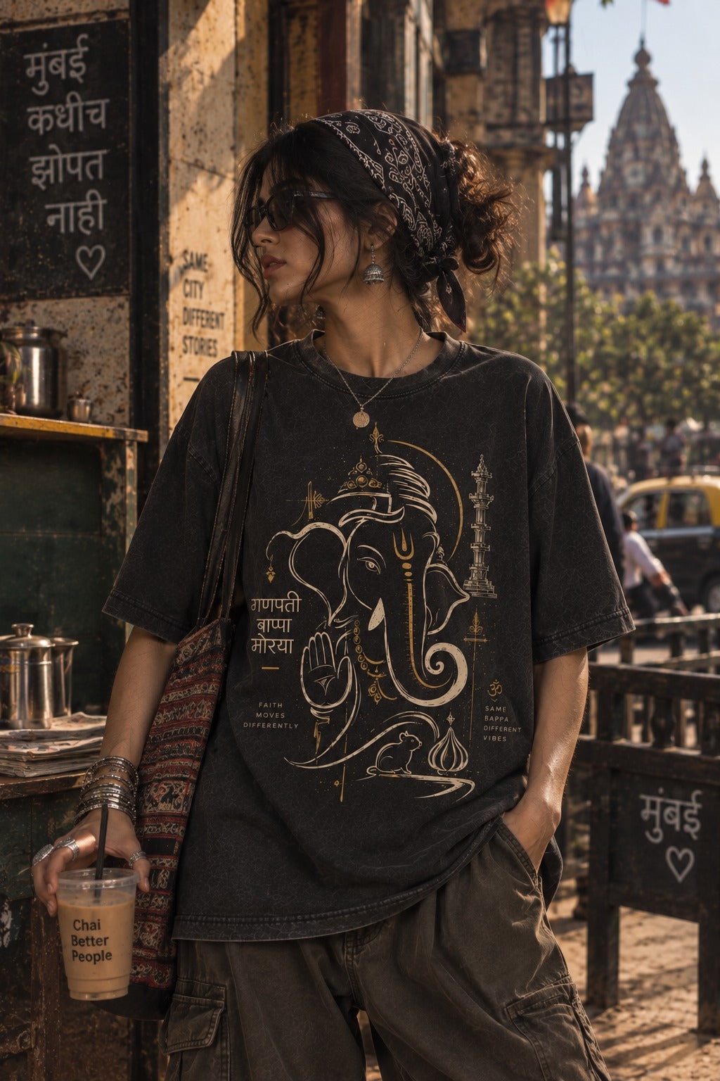 Ganpati Acid Wash oversized t-shirt in black acid wash, Ganpati front print, worn by a model
