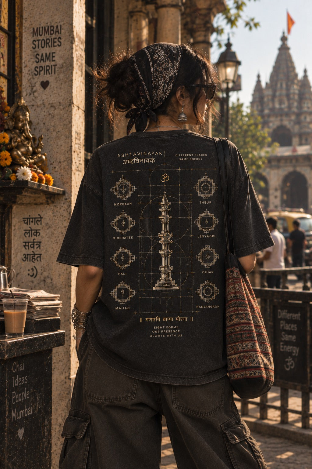 Ganpati Acid Wash oversized t-shirt in black acid wash, Ashtavinayak back print, worn by a model