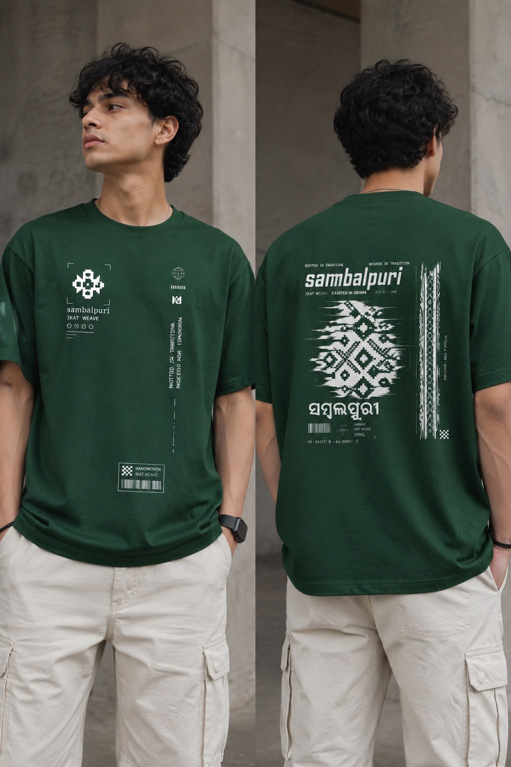 Sambalpuri V2 oversized t-shirt in bottle green, back and front, worn by a model