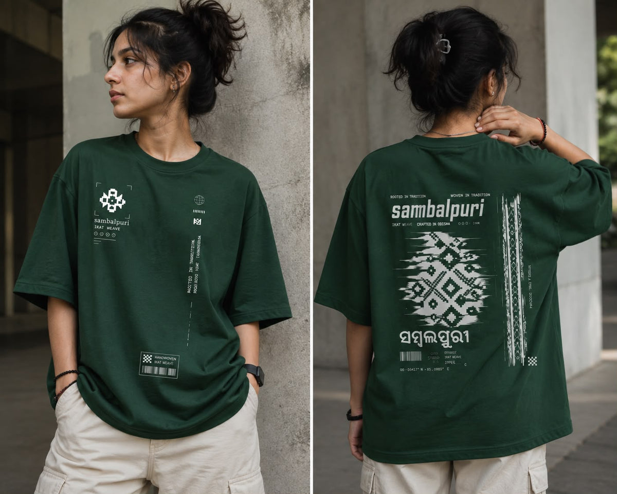 Sambalpuri V2 oversized t-shirt in bottle green, back and front, worn by a model