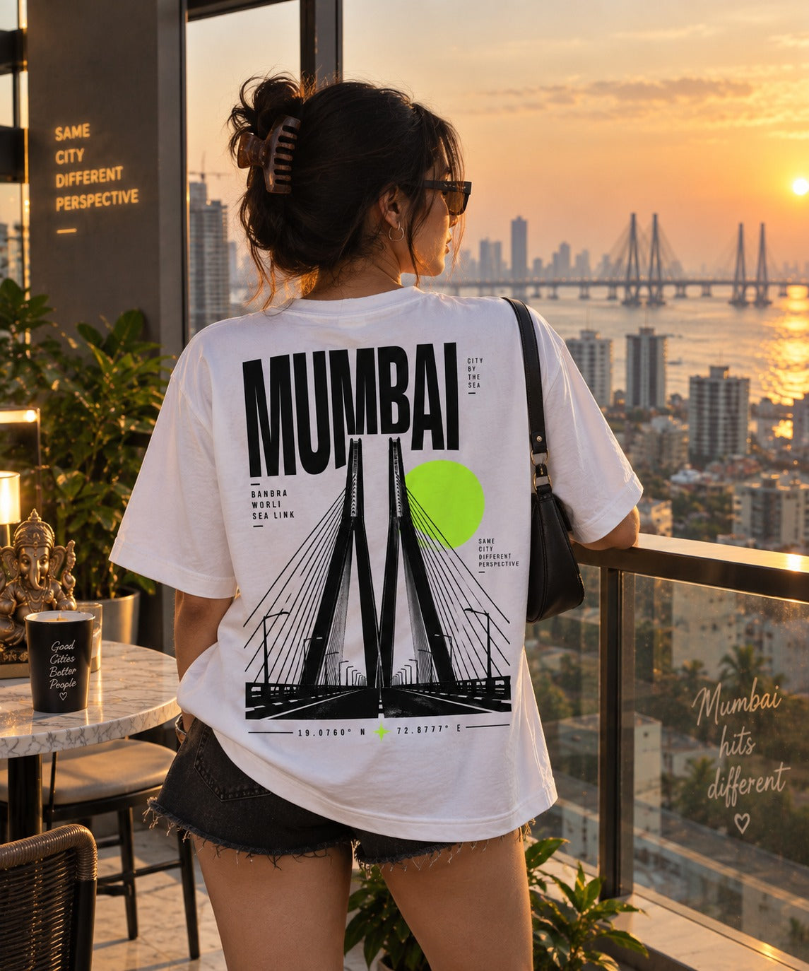 Mumbai Coordinates oversized t-shirt in white, Sea Link back print, worn by a model
