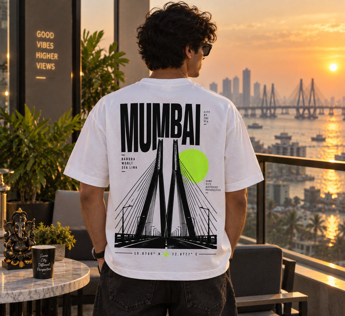 Mumbai Coordinates oversized t-shirt in white, Sea Link back print, worn by a model