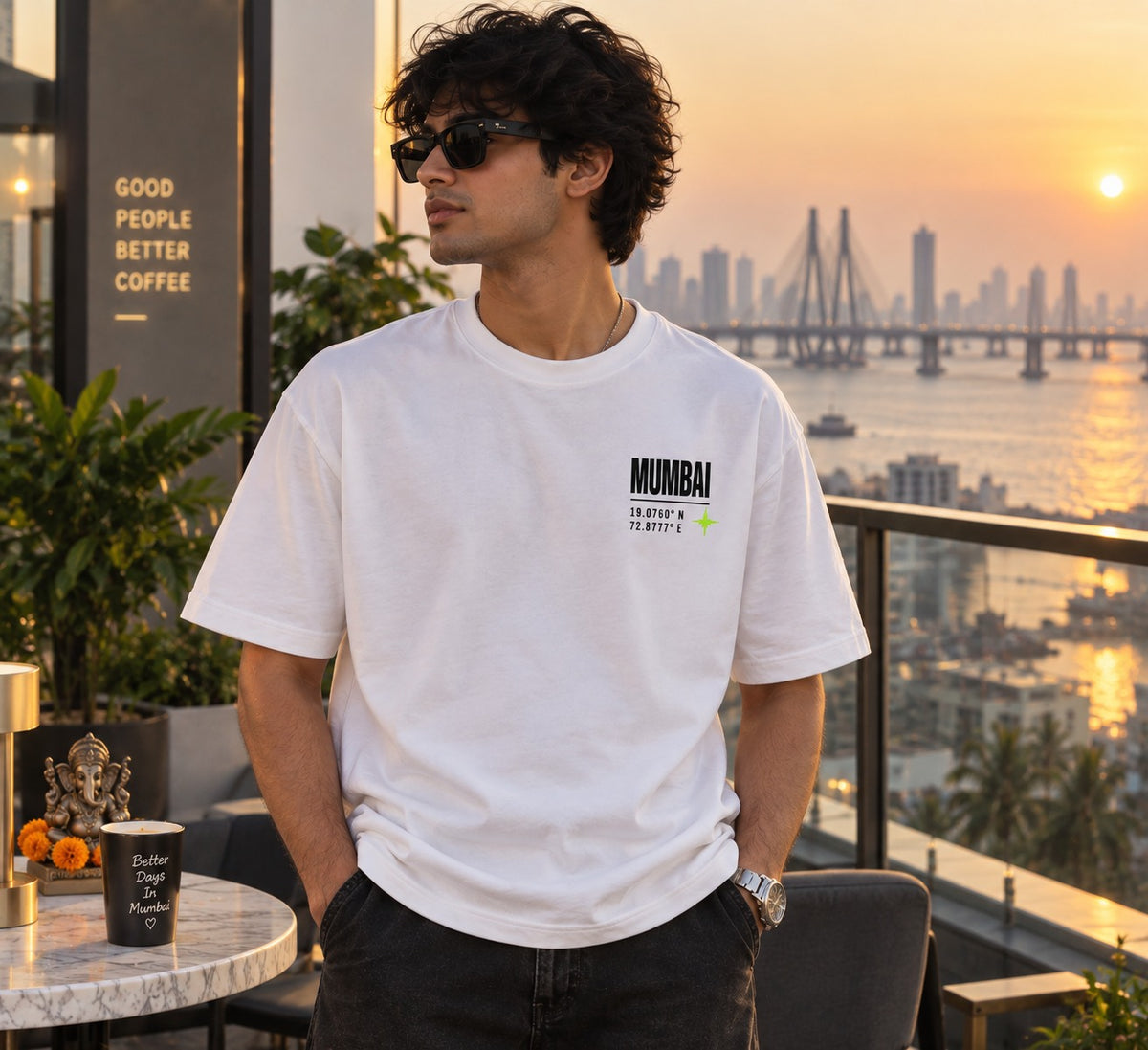 Mumbai Coordinates oversized t-shirt in white, front chest print, worn by a model