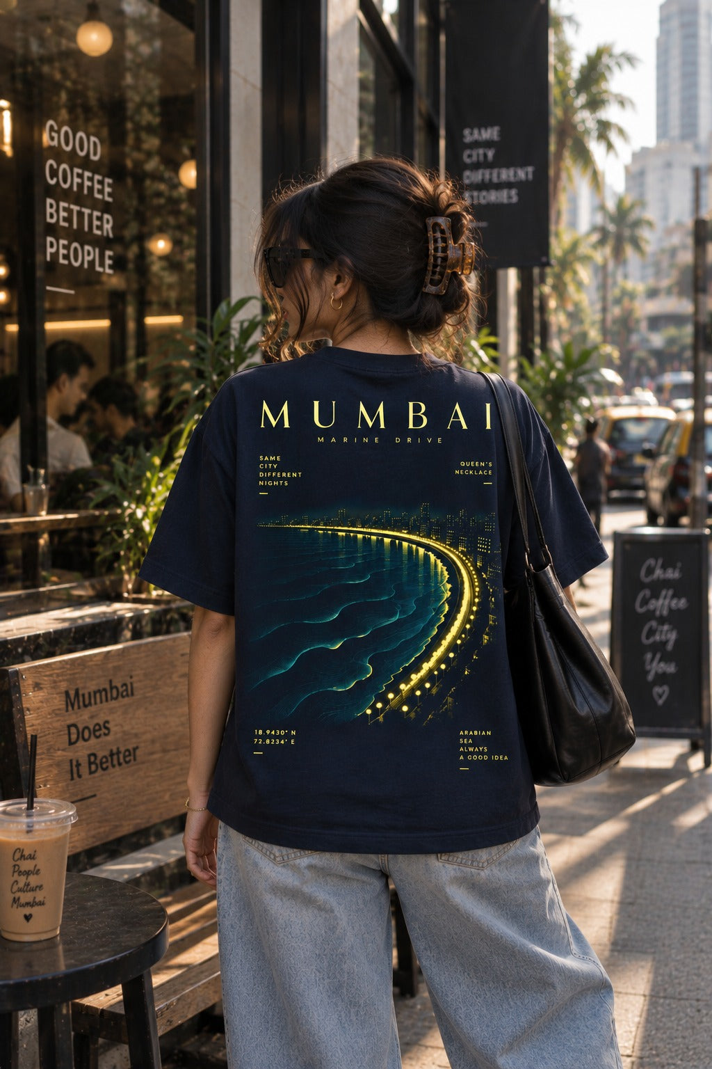 Mumbai Gold oversized t-shirt in royal blue, Marine Drive back print, worn by a model