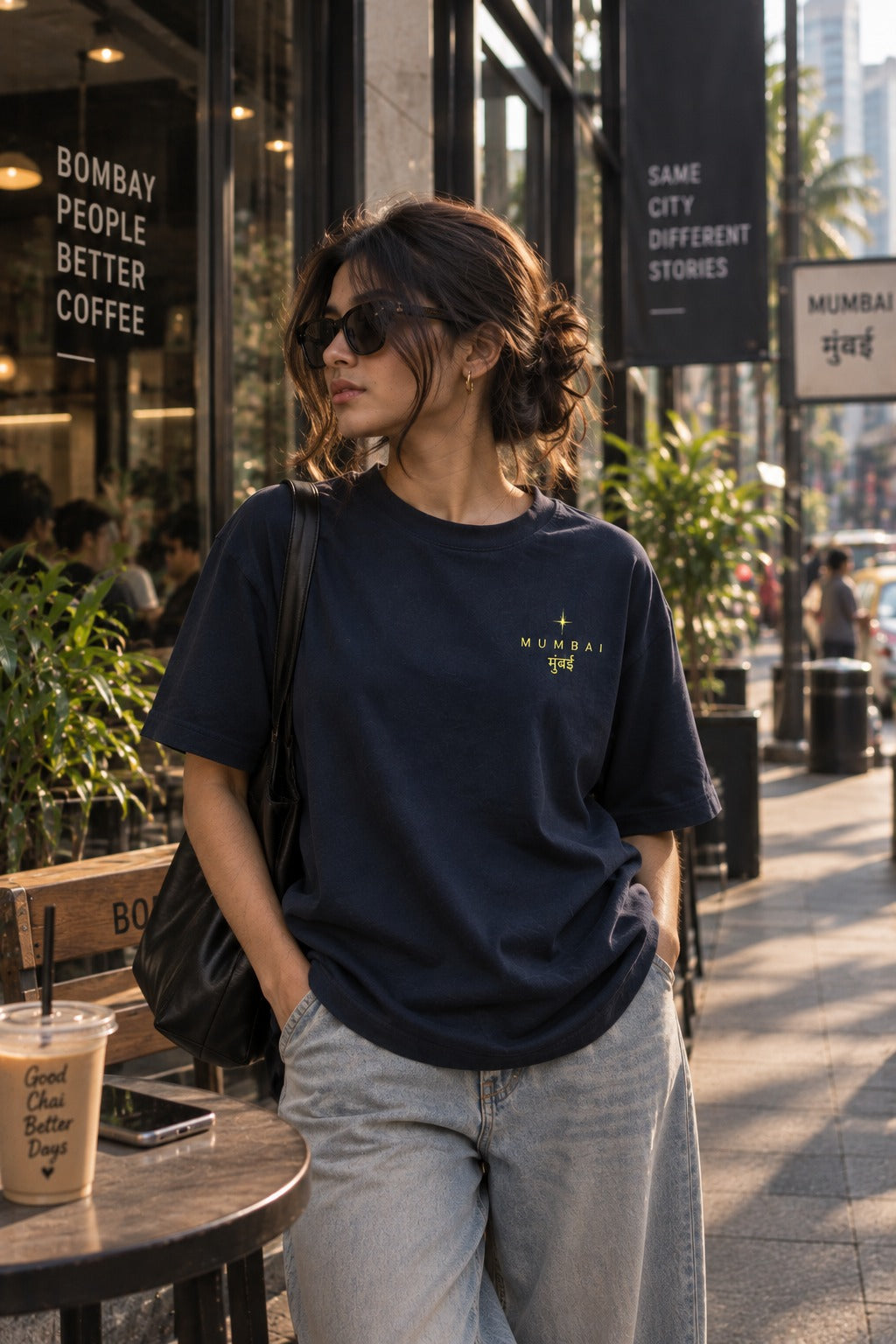 Mumbai Gold oversized t-shirt in royal blue, front chest print, worn by a model