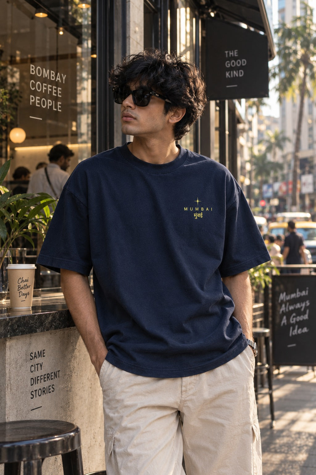 Mumbai Gold oversized t-shirt in royal blue, front chest print, worn by a model