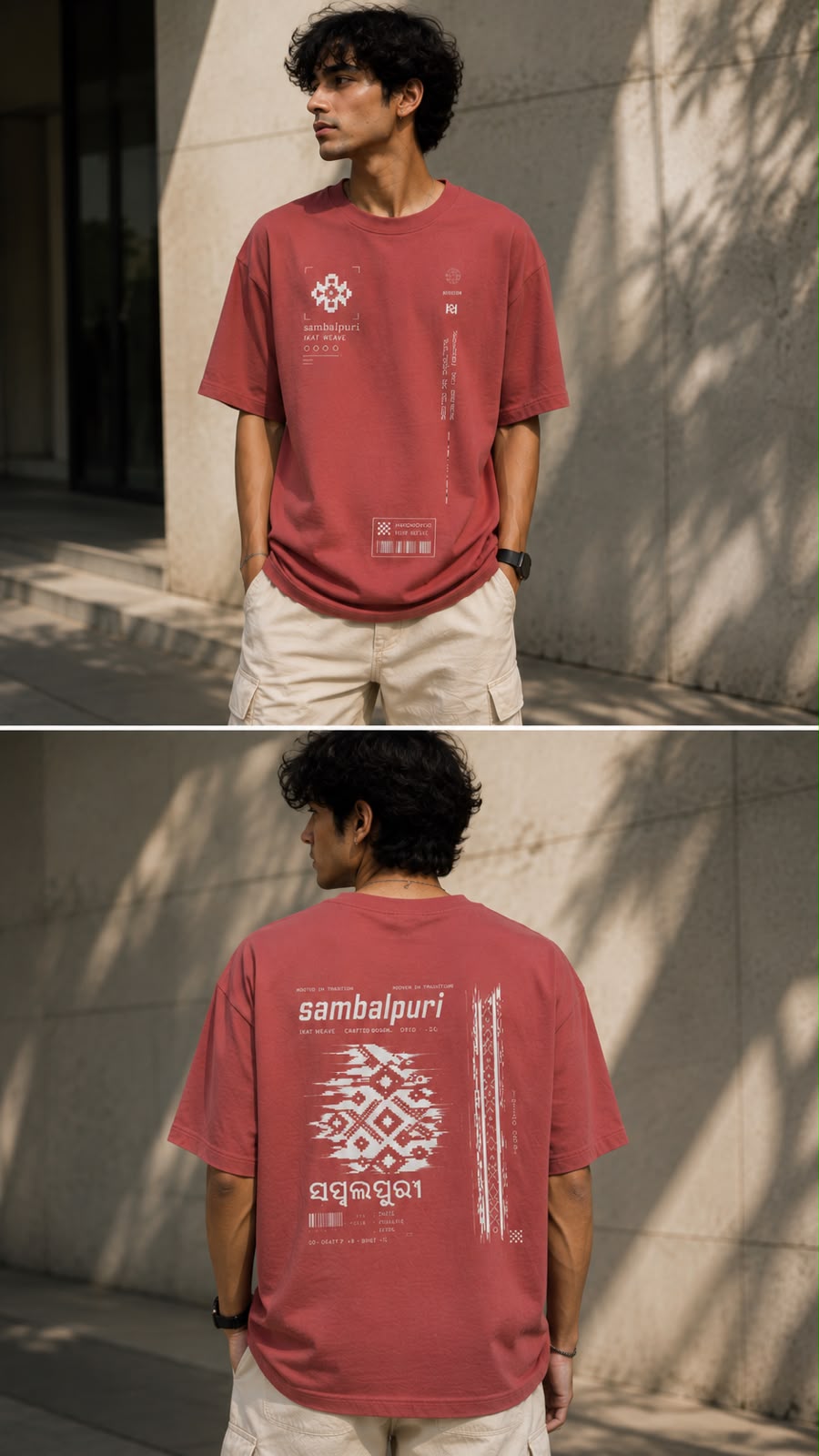 Sambalpuri V2 oversized t-shirt in red, back and front, worn by a model