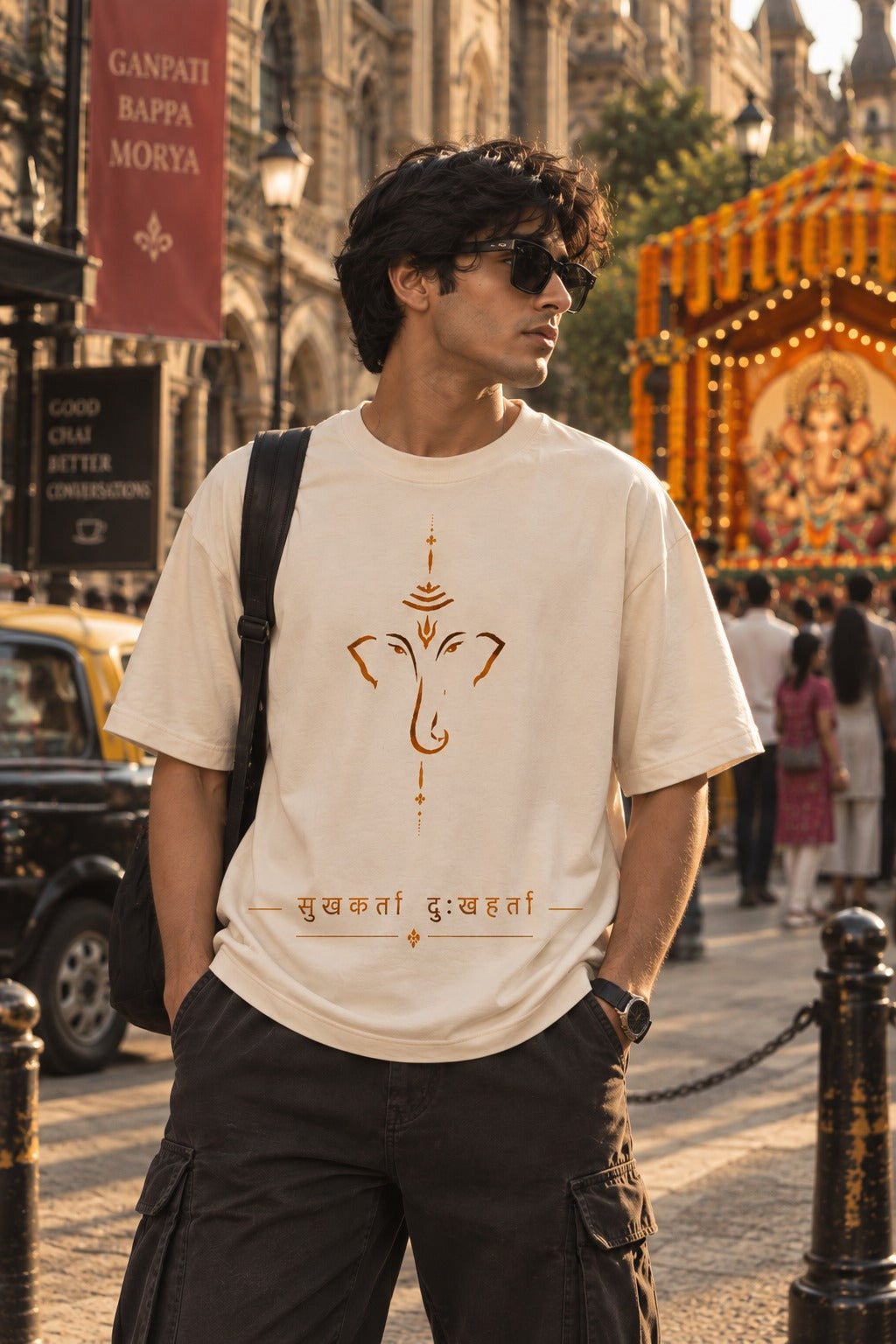 Sukhkarta oversized t-shirt in white, Ganpati front print, worn by a model