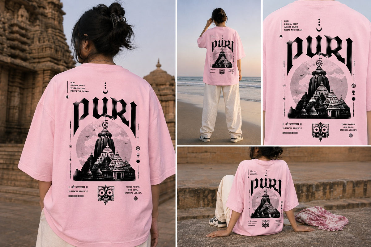 Puri oversized t-shirt in light baby pink, back print, worn by a model