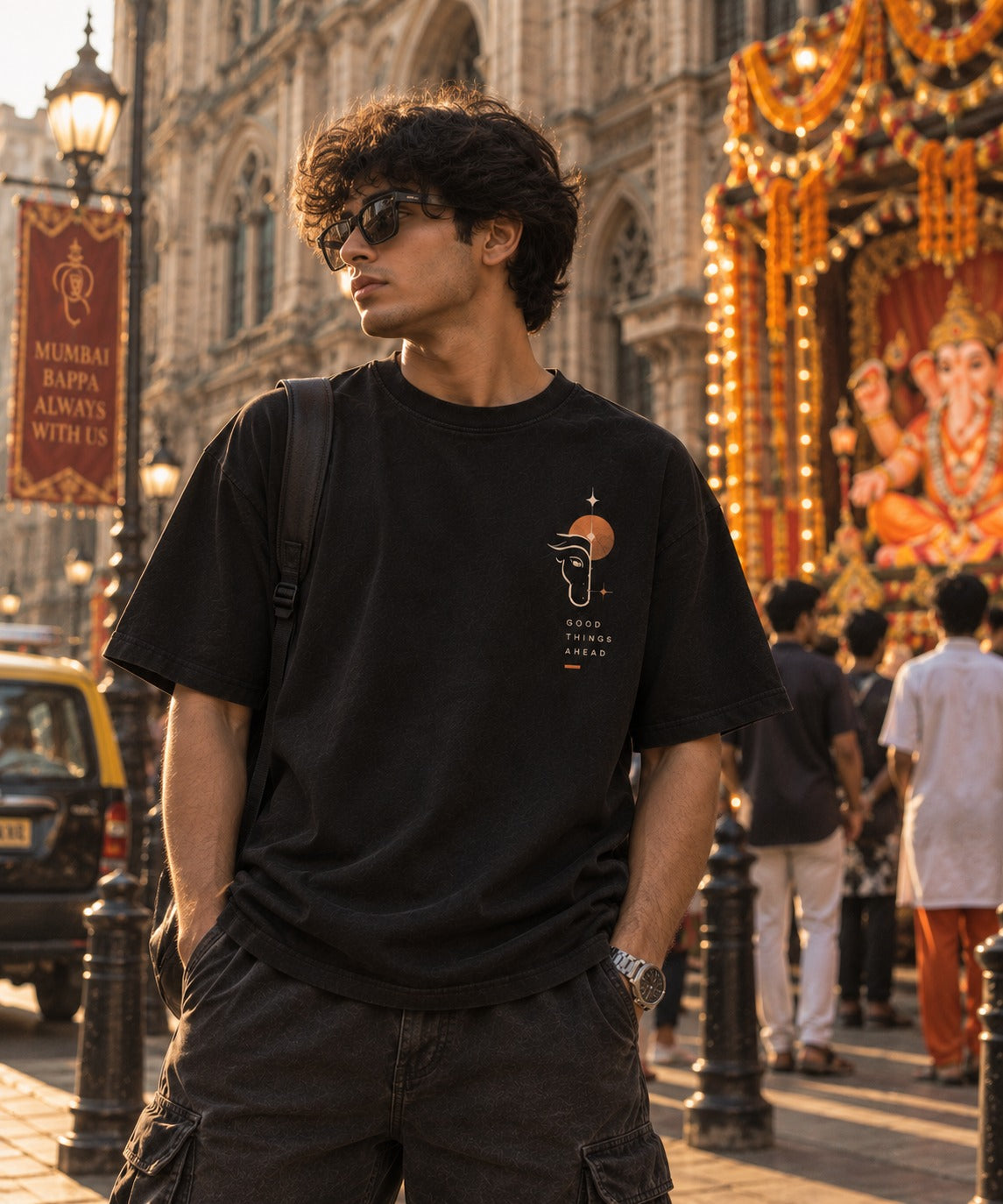 Good Things Ahead oversized t-shirt in black, front chest print, worn by a model
