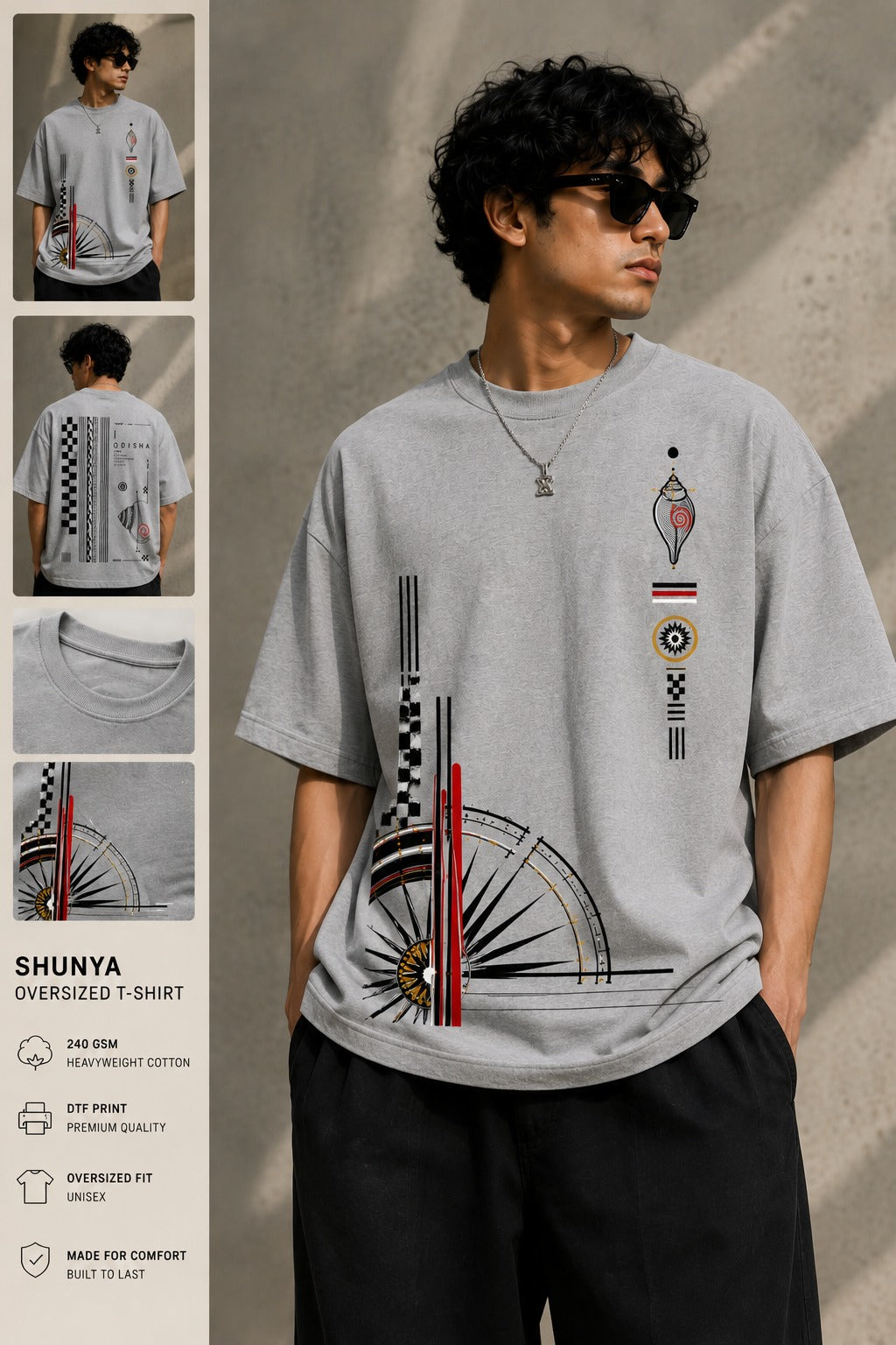 Odisha Minimal oversized t-shirt in grey melange, back and front, worn by a model