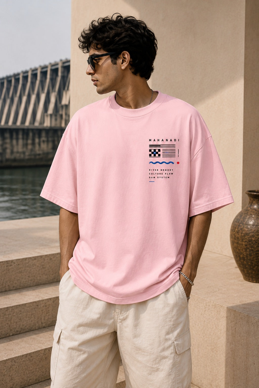 Mahanadi oversized t-shirt in light baby pink, front chest print, worn by a model