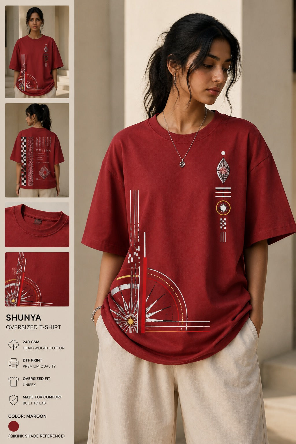 Odisha Minimal oversized t-shirt in maroon, back and front, worn by a model